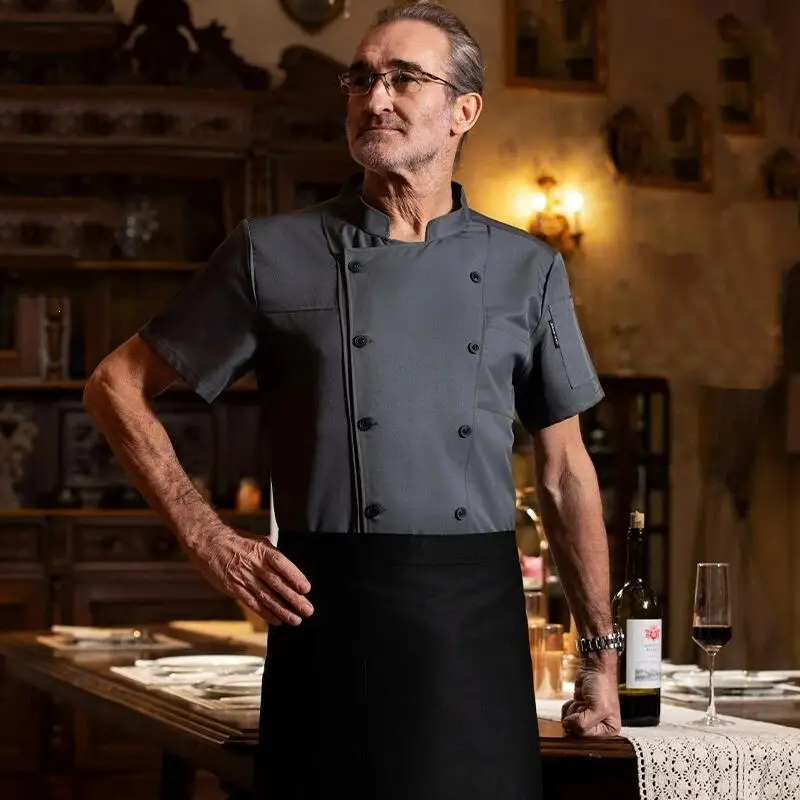 Catering Chef Workwear Men Short Sleeved Print Name Hotel Kitchen Cooking Chef Uniform Cake Baking Jacket Top Oversized 7XL 8XL
