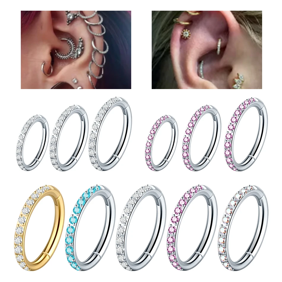 1/5PCS Steel Zircon CZ Nose Rings 6/8/10/12mm Hinged Segment Ear Cartilage Tragus Earrings Helix Hoops Clicker Piercings Jewelry