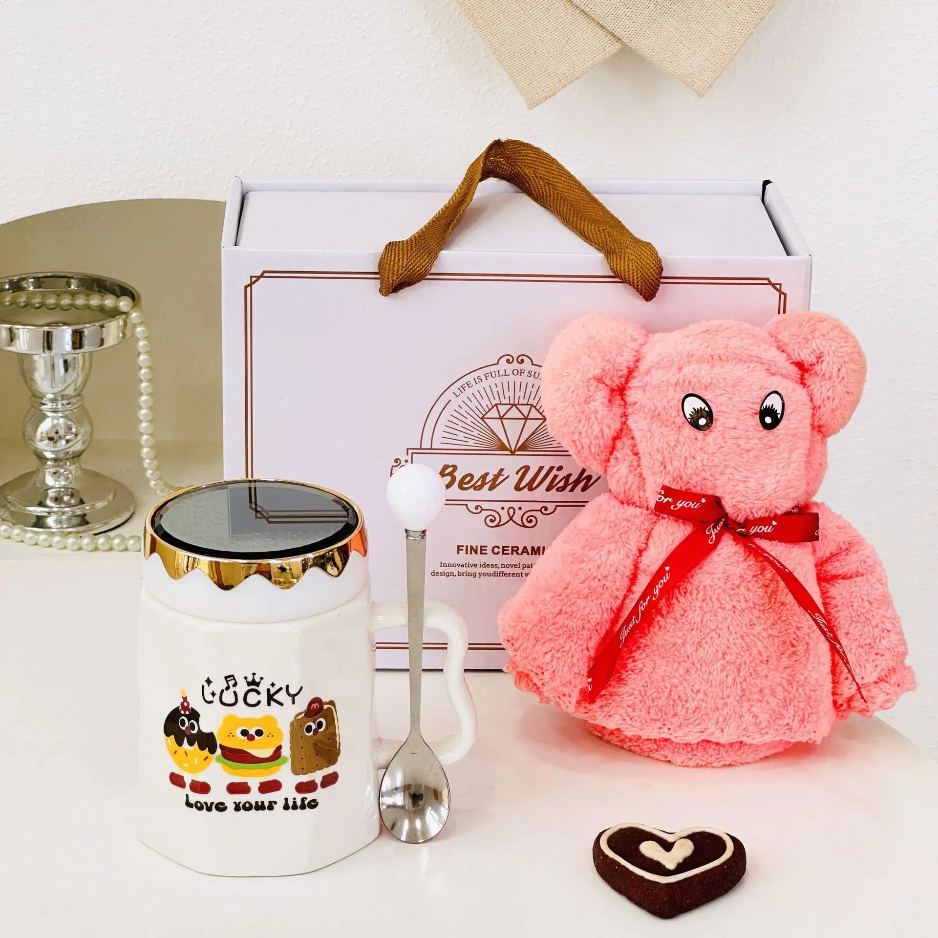 Cute Baking Mirror Cup With Lid Female Ceramic Birthday Gift Home Makeup Handheld Set