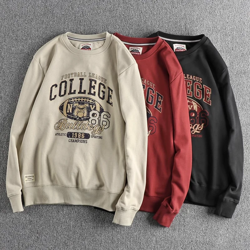 Autumn and winter new vintage letter pattern round neck hoodie men washed tripe wool circle comfortable long sleeves