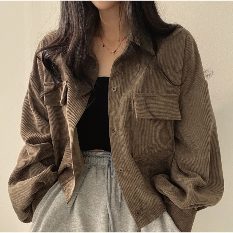 Coat Women 2025 Autumn Spring Corduroy Vintage Button Turn Down Collar Long Sleeve Jacket Women's Clothing XFSP3005
