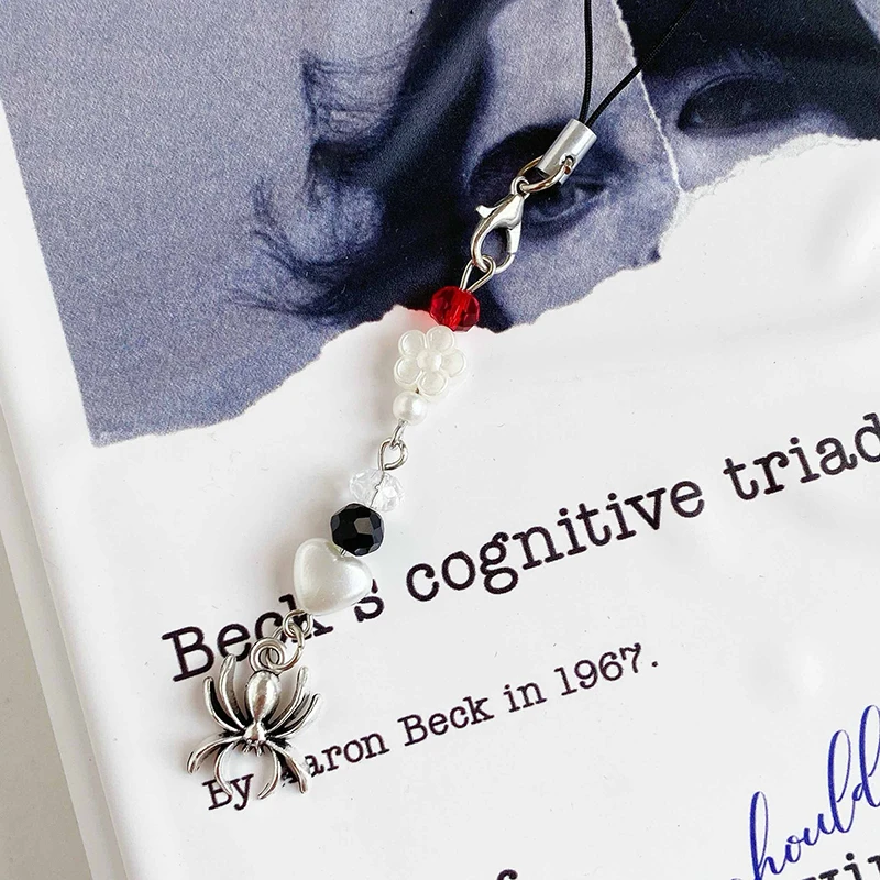 1PC Y2K Gothic Spider Web Beaded Mobile Phone Lanyard Aesthetic Cell Phone Strap Keycord Creative Spider Pendant Phone Chain