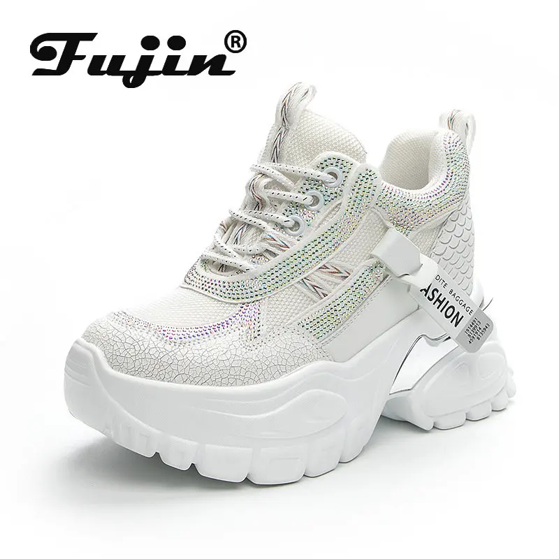 Fujin 9cm Genuine Leather Rhinestone Bling Platform Wedge Women Fashion Chunky Sneakers Spring Summer Autumn Breathable Shoes