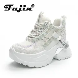 Fujin 9cm Genuine Leather Rhinestone Bling Platform Wedge Women Fashion Chunky Sneakers Spring Summer Autumn Breathable Shoes