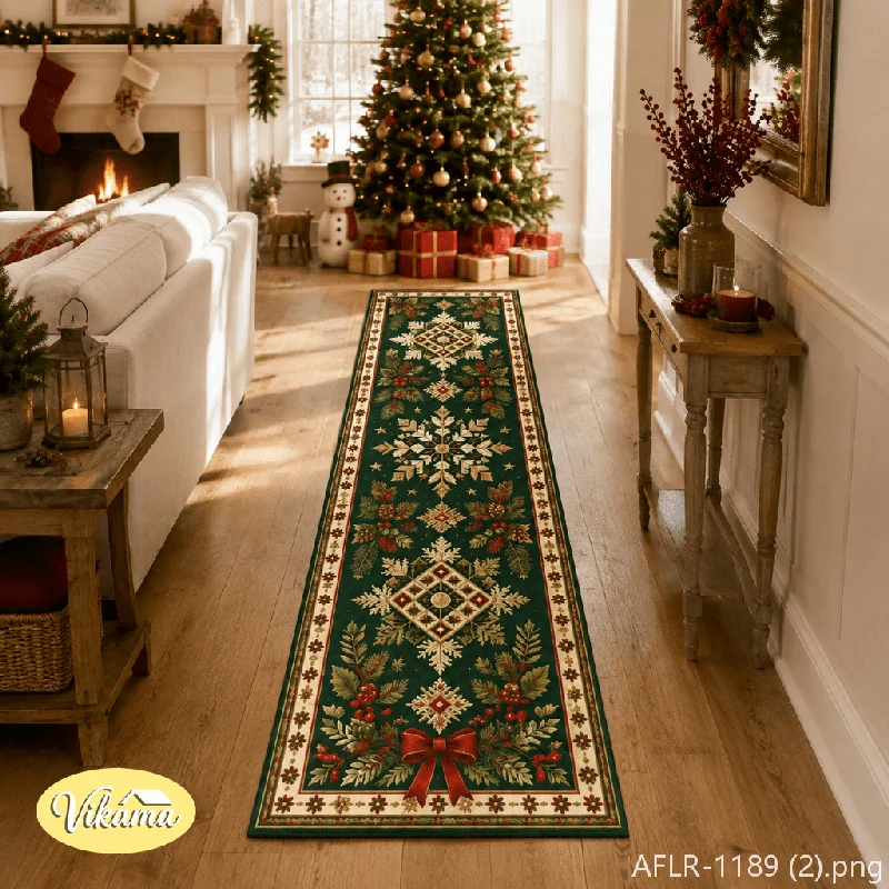 VIKAMA Christmas Holly Berry Border Bedside Runner Non Slip Stain Resistant Floor Mat for Bedroom Living Room Holiday Home Decor
