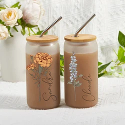 Custom Iced Coffee Cups with Lids and Straws Birthday Gift Personalized Glass Cups Birth Flower Bridesmaid Proposal Gift For Her