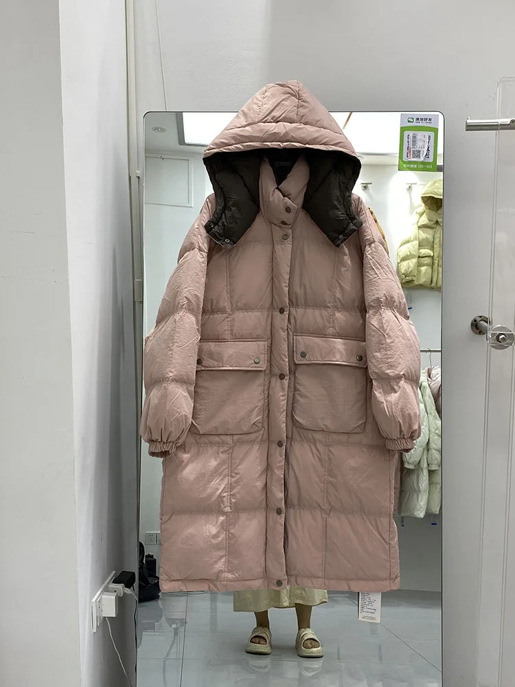 女性ダウンジャケットカジュアルルーズオーバーサイズパッチワーク秋冬暖かい厚いフード付き生き抜くスタンドカラーコート 2025