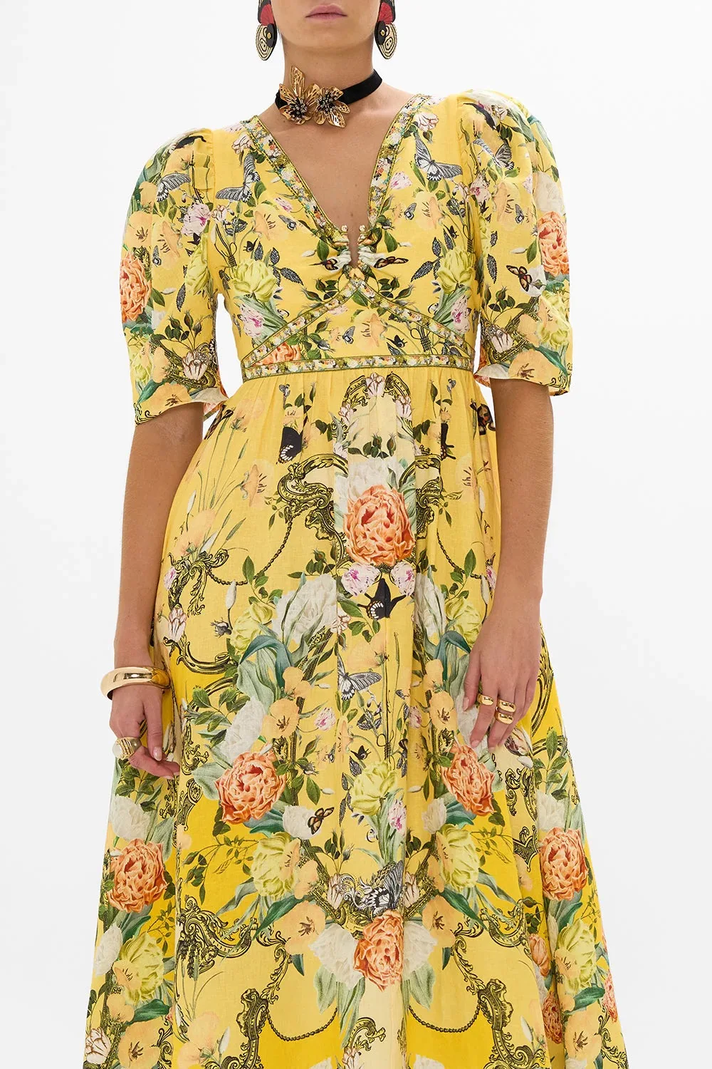 Women Yellow Floral Printed Robe Beaded Puff Sleeve V-Neck High Waist Elegant 100% Linen Midi Dress