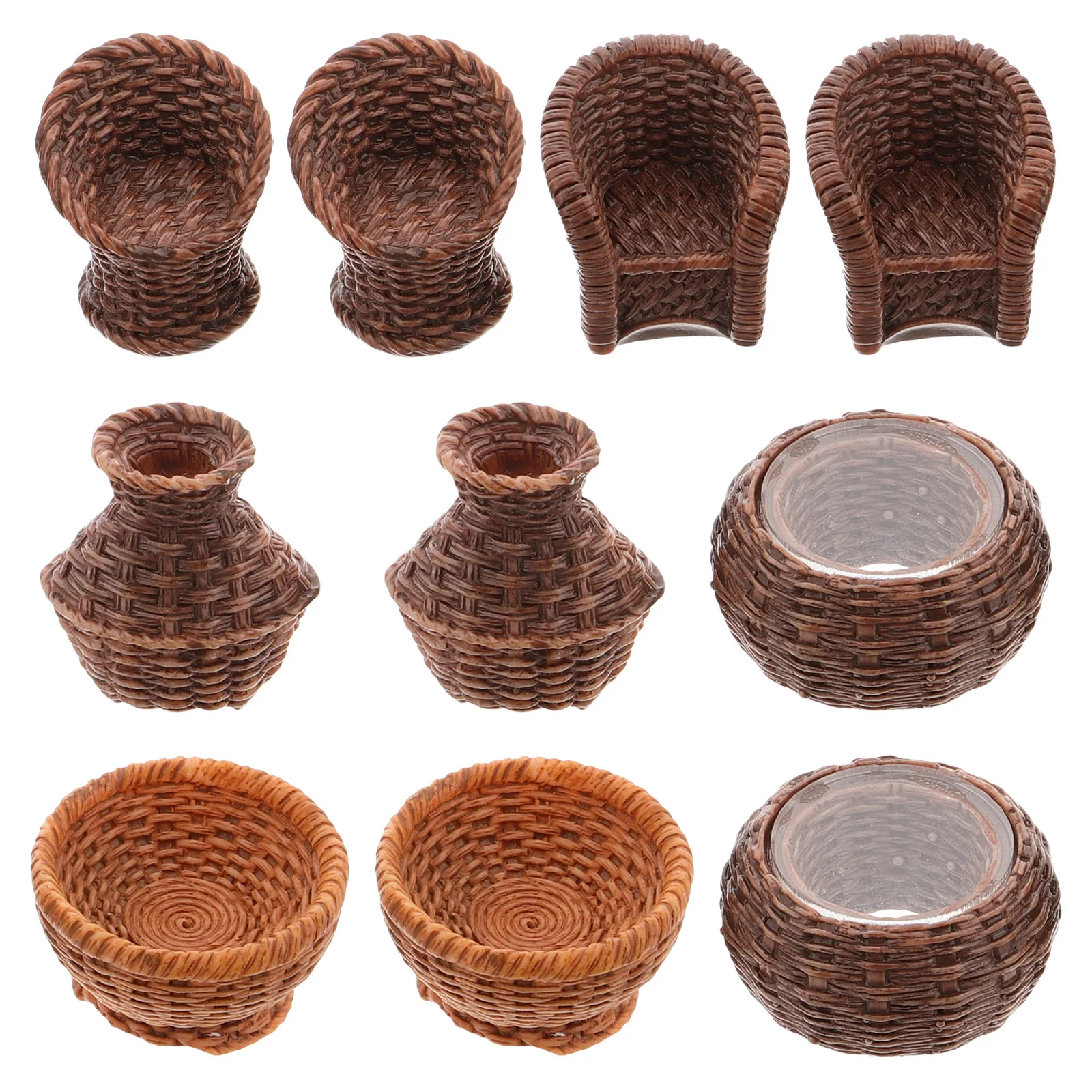 

10Pcs Rustic Resin Decorative Ornaments Featuring Woven Chair Jar Fish Basket and Fruit Holder for Living Room Bedroom Office