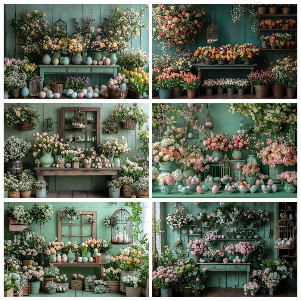 

Spring Easter Photography Backdrop Vintage House Wooden Door Flowers Rabbits Bunny Eggs Scenery Kids Portrait Photo Background