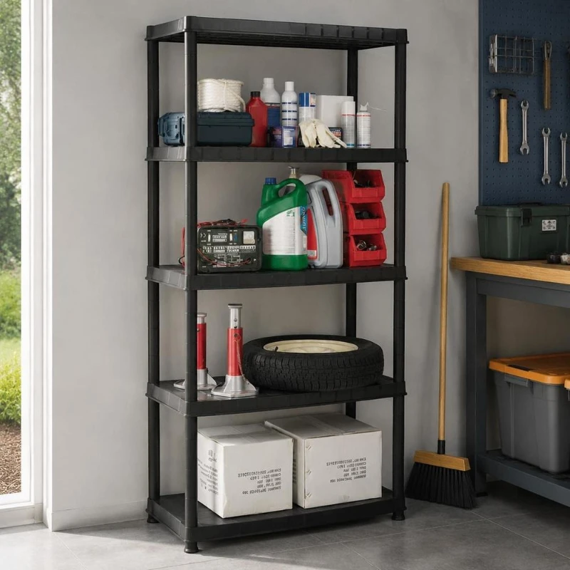 Étagère de Rangement Plafond 5 Niveaux en Plastique Noir 85x40x185cm, Rayonnage de Stockage Robuste pour Garage, Cave, Atelier et Maison, Meuble d'Organisation Intérieur Grande Capacité, Support de Rangement Polyvalent Facile à Monter, Design Pratique