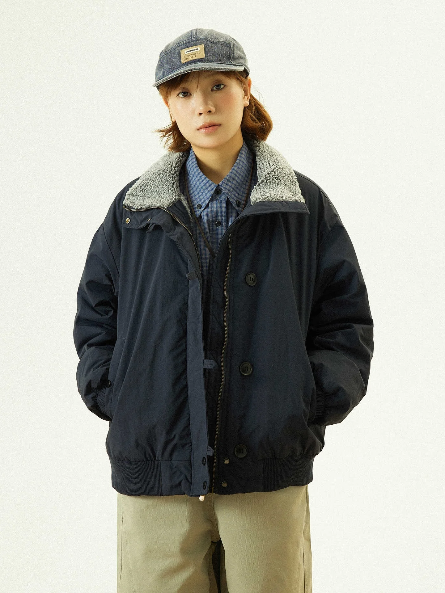 

Retro Japanese Sle Lamb Fur Lined Thiened Stand Collar Cotton Jaet Men's Winter Outdoor Warm Workwear Trendy Cotton Coat