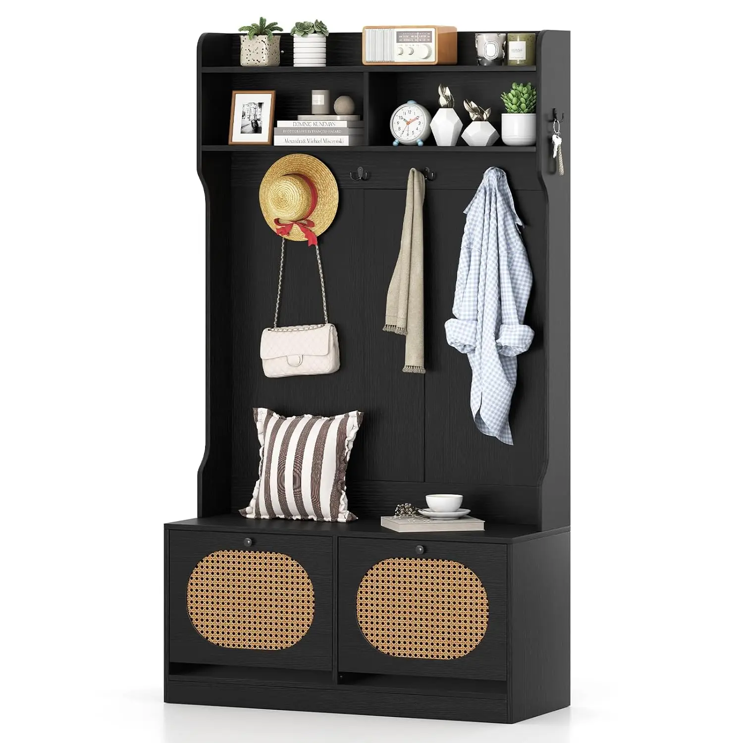 

4-In-1 Hall Tree with Bench and Shoe Storage, Entryway Bench with Coat Rack & Flip Shoe Racks, Dual-Hook Hangers, Customized