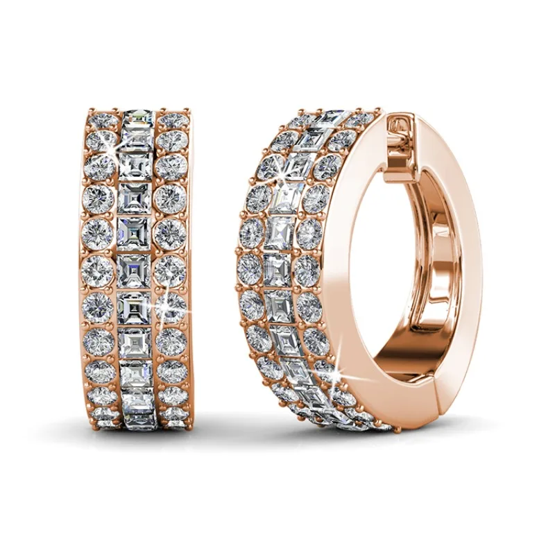 

Daisini Bling 3 Row Crystals Huggie Hoop Earrings for Women Men 18k Rose Gold Plated Piercing Fashion Shiny Jewelry