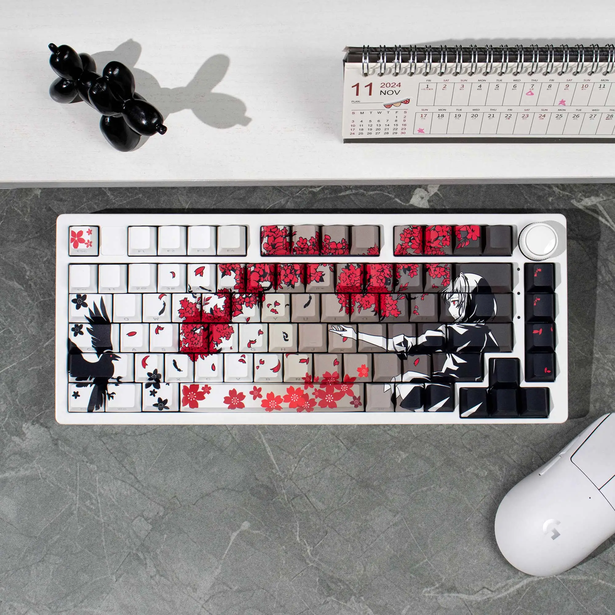 132 Keys Gray Raven Sakura Keycaps Dye-Sub Cherry Profile Keycap Side Shine Through PBT Keycap for MX Mechanical Keyboard