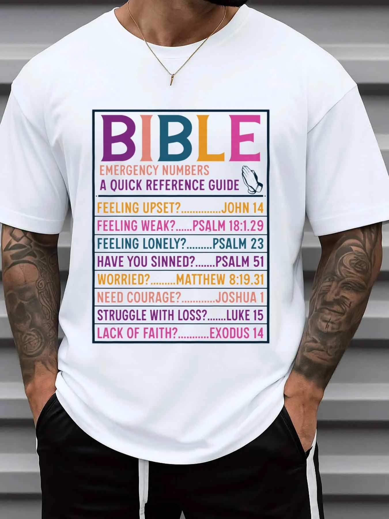Men's Bible Emergency Guide Jesus T-Shirt - 180g Pure Faith Apparel with Bible Scriptures Printed, Short-Sleeved, Round-Neck, Casual Style, Suitable for Church, Gifts, and Everyday Wear