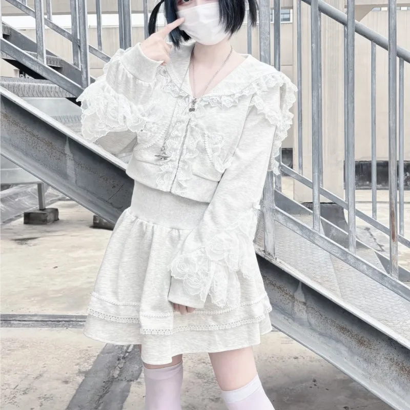 

Cute Sweet Hooded Sportswear Suit Lace Long Sleeve Japanese Style