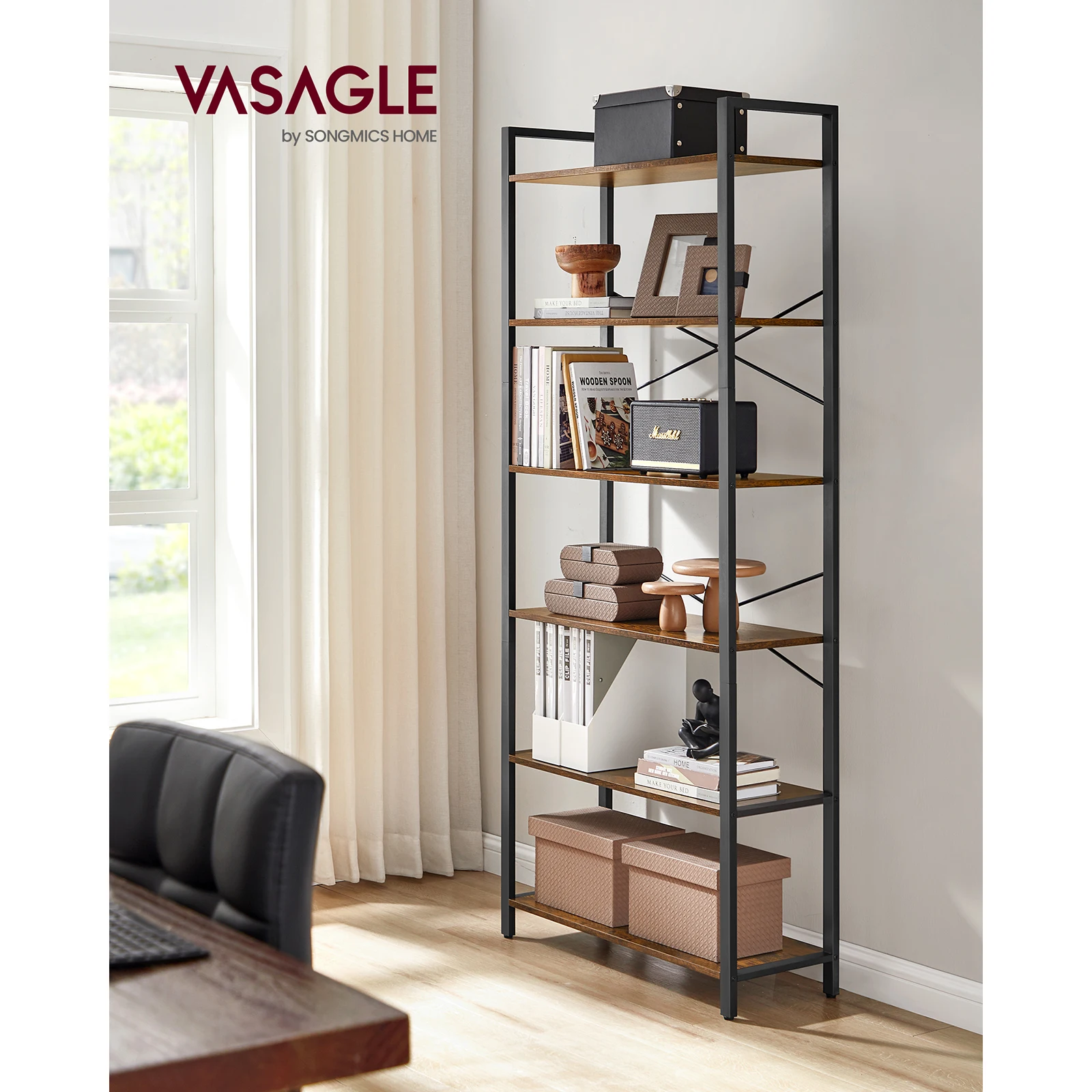 VASAGLE 6-Tier Tall Bookshelf, Large Bookcase. Steel Frame. Living Room, Bedroom, Home Office, Study. 30x80x186 cm. Industrial