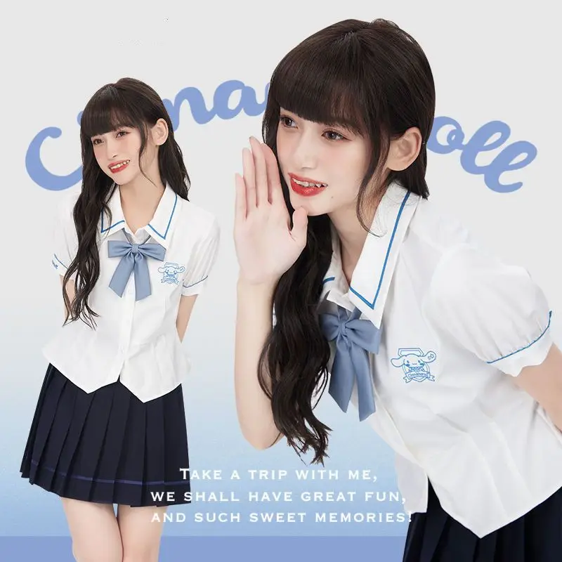 Sanrio New Cinnamoroll JK Uniform Sweet Spicy Waist Close Fashion Puff Sleeve Japanese Shirt Girls Summer Comfort College Style
