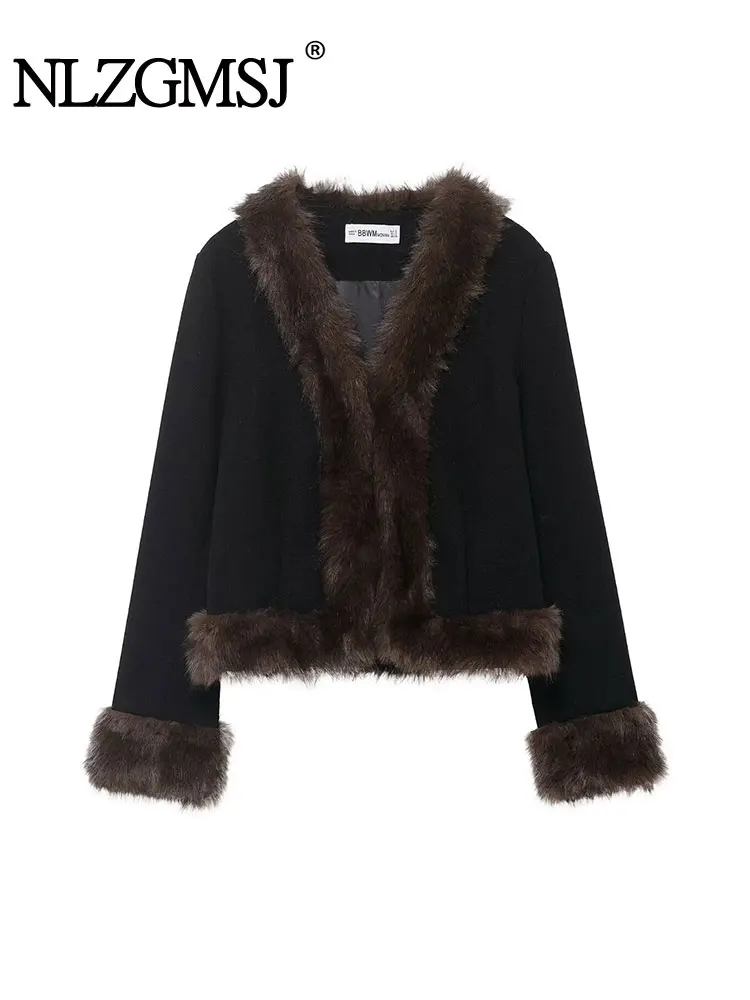 

NLZGMSJ женский вязаный кардиган, осень 2022, однотонное пальто с длинными рукавами и пуговицами, меховое украшение, женское элегантное уличное пальто