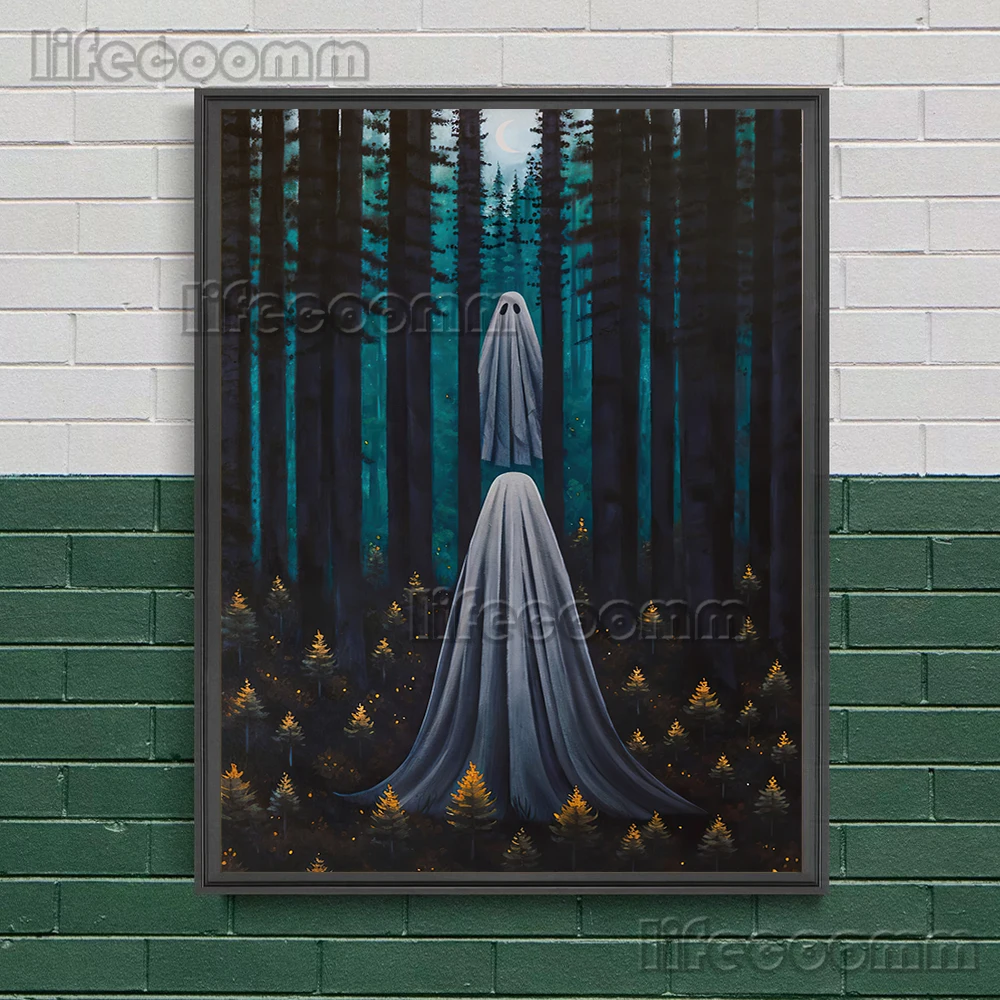 أشباح على الدراجات والأشباح في الغابة خمر الرسم على لوحات القماش الجدارية ورقة بيضاء شبح ملصق فني وطباعة ديكور المنزل #5