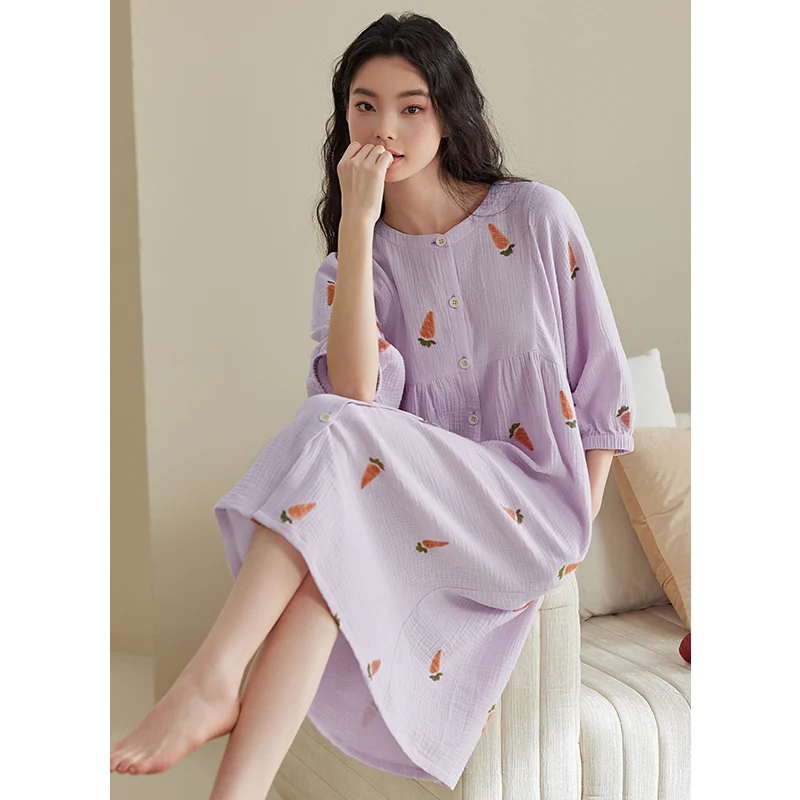 Long Nightgowns Half Sleeve Cardigan Sleepwear Female Summer Dress Cute Print Princess Shirt Womens Robes Peignoir Homme M-XXXL