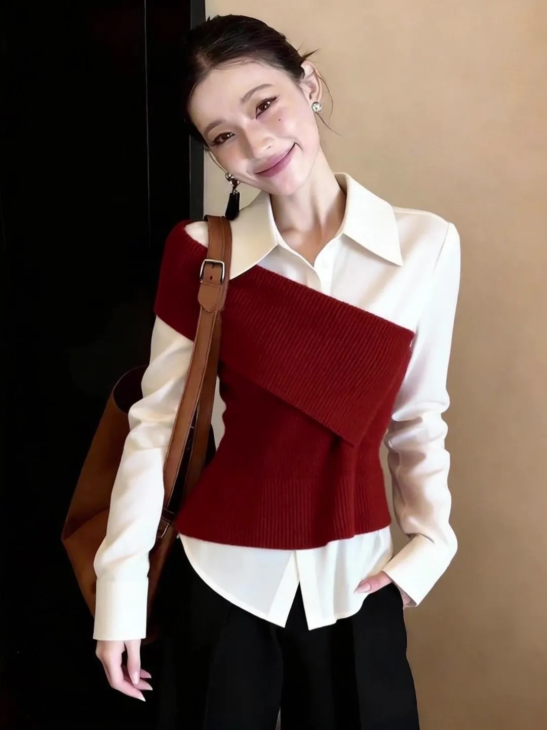 

Slim Fit Knitted Patchwork irt Women's Sle New Year Soft Young Looking Loose Korean Version Straight Tube Long Sve irt