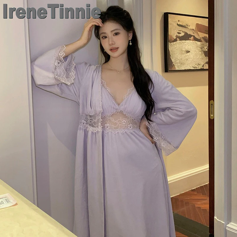 

IRENE TINNIE Winter Mink Velvet Pajamas French Style Nightgown Home Clothes High Quality Nightdress Fashion Solid Color Robe Set