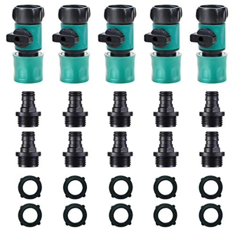 

JUSONEY Hose Shut Off Valve - Garden Hose Connectors 5PCS Hose Quick Connector with Valve + 10 Pcs Rubber Washers + 10Pcs Male