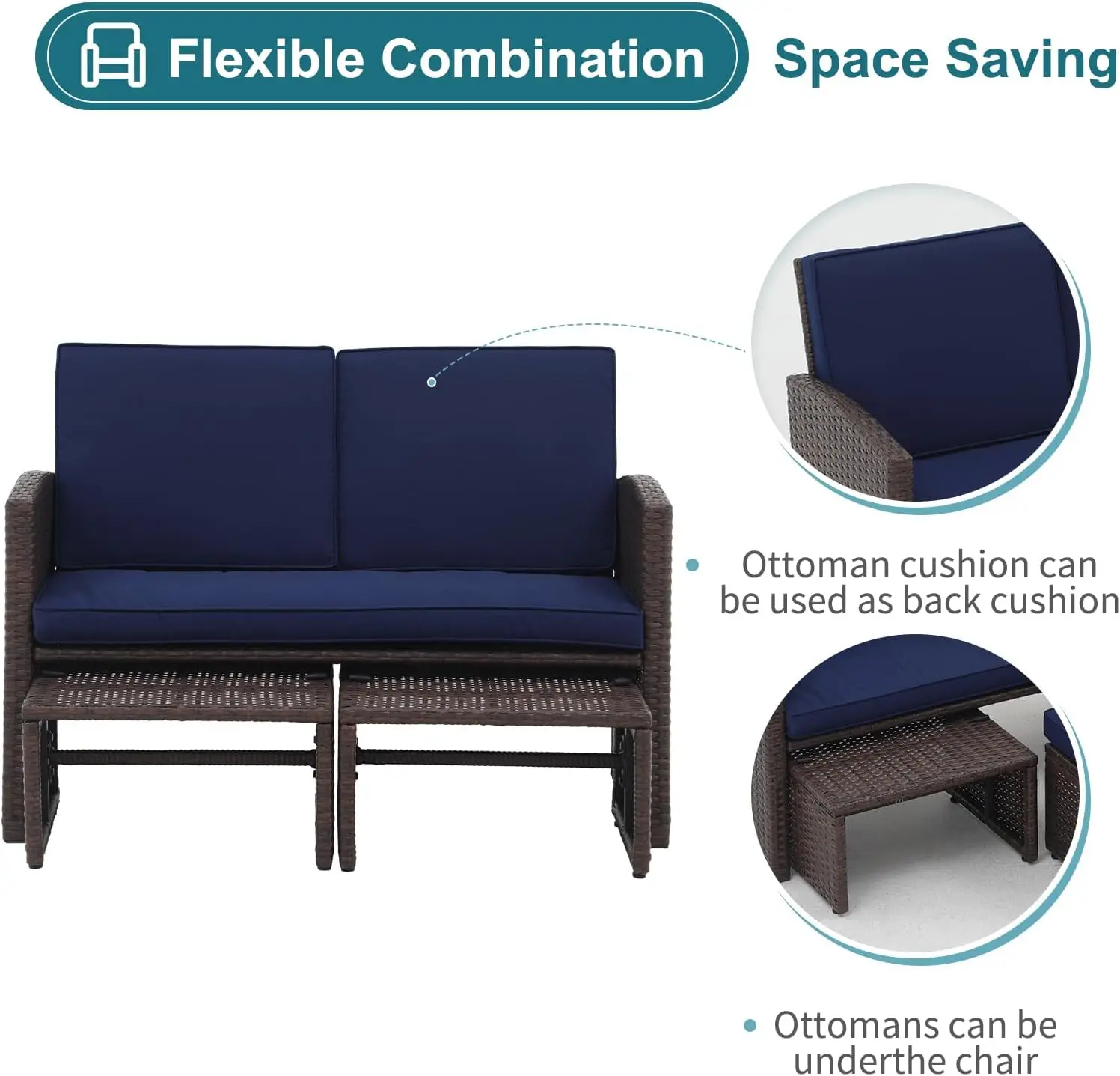 Outdoor Loveseat Móveis Set, All-Weather Wicker Love Seat com otomano e mesa lateral, Mobiliário para pátio, 3 pcs