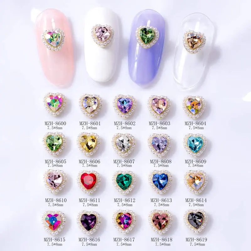 Cuentas de perlas de cristal para decoración de uñas, abalorios de diseño en forma de corazón, joyería para manicura 3D, calcomanías brillantes, 7,5x8mm, 5 unidades por lote