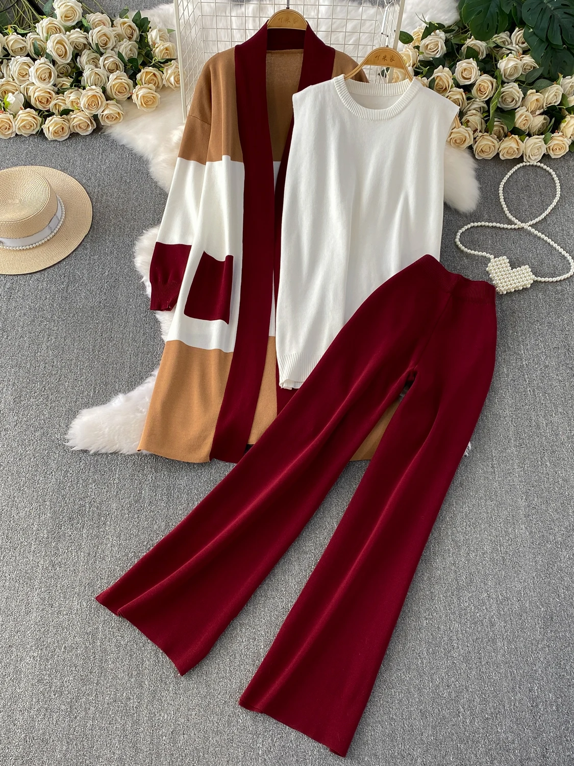 

Осень-зима, повседневное свободное вязаное пальто с запахом на плечах, жилет средней длины, брюки с высокой талией, комплект футболок для женщин