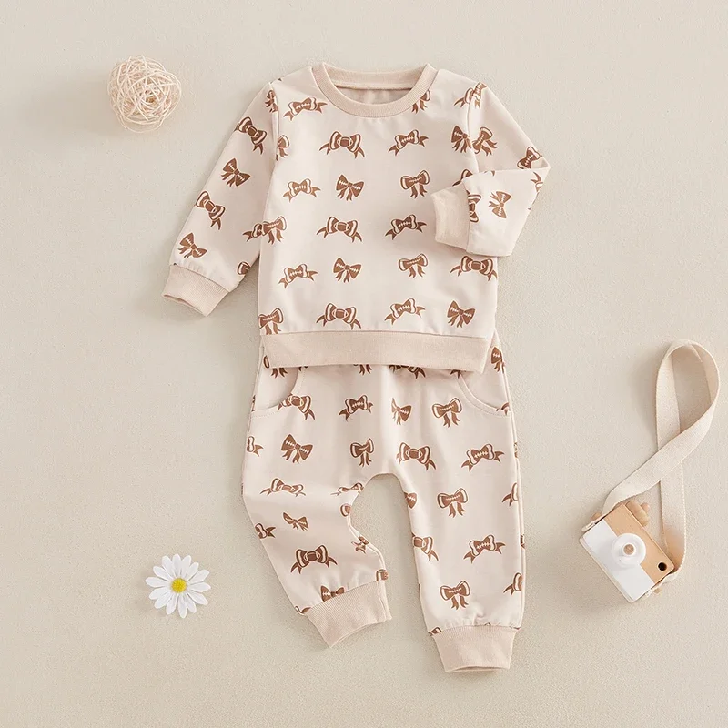 Toddler Girls Fall Clothes Rugby Bow Print Long Sleeve Sweatshirt and Elastic Pants Set Baby Clothing Cute 2 Piece Outfits