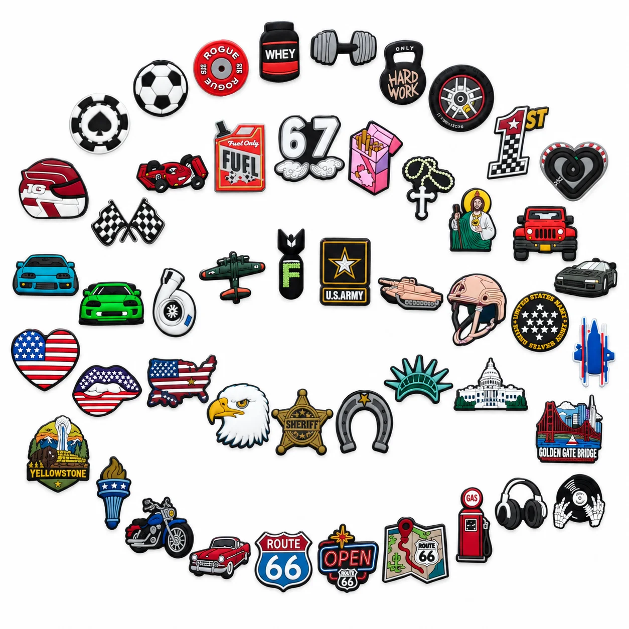 50pcs Mixed Shoe Charms Set Car USA Flag Route 66 PVC Pins for Clogs Cool Men Shoe Accessories Buckles Gifts for Boys Teens