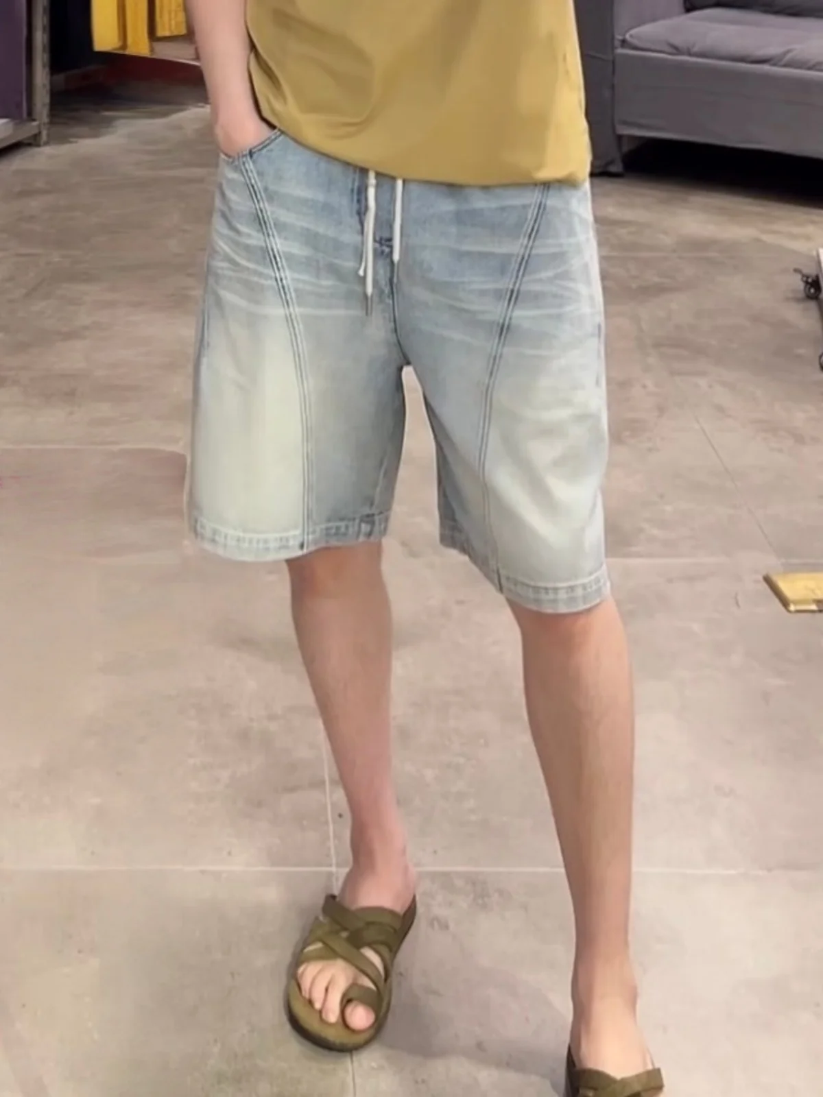 Summer American Washed Vintage Men's Loose Fit Breathable Casual Sporty Five-Quarter Denim Shorts Straight Leg Pure Color