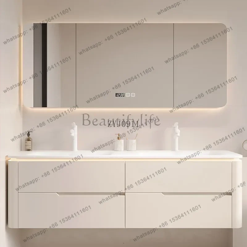 Integrated Double Basin Bathroom Cabinet Combination Smart Mirror Cabinet Arc Edge Wash Table Oak