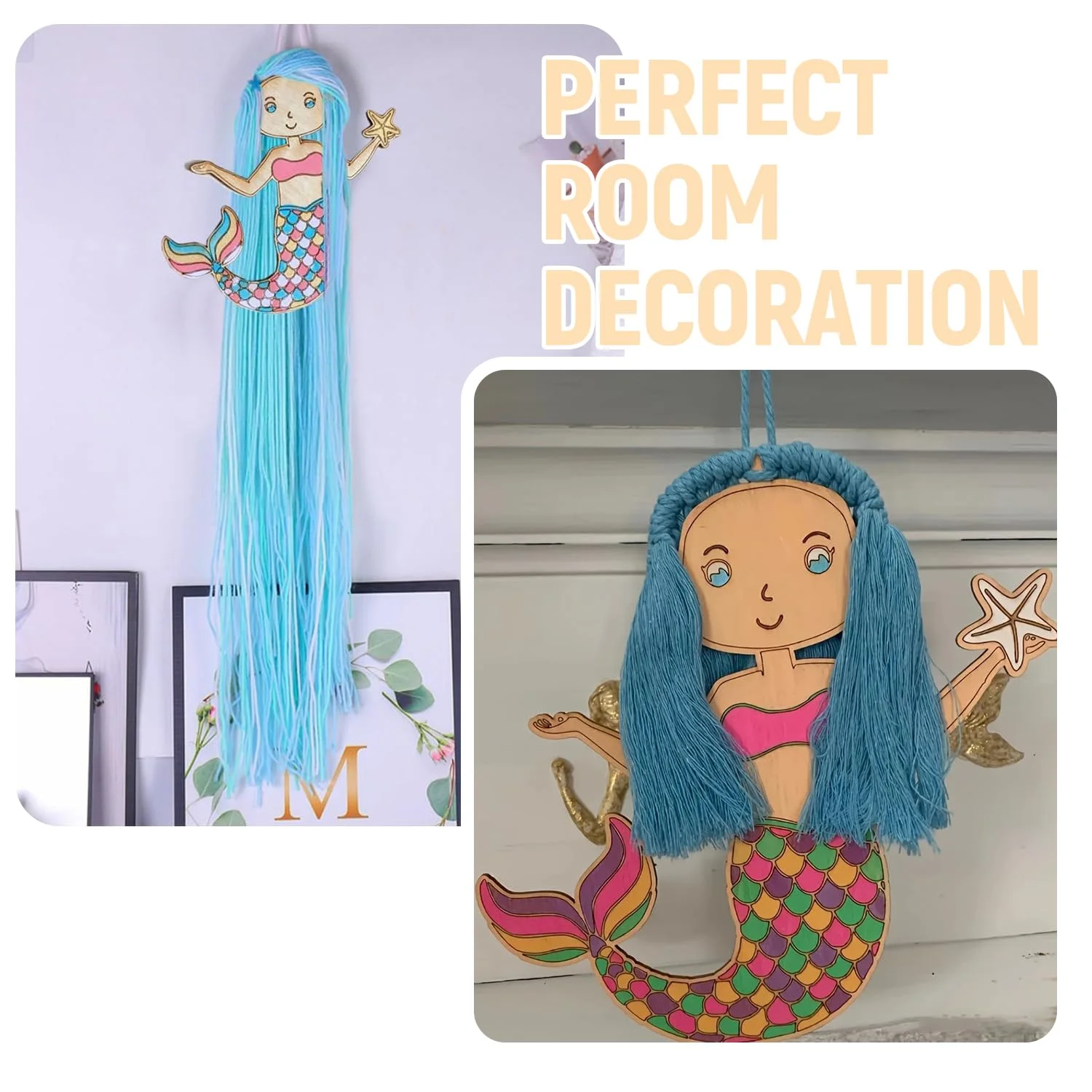 

DIY Mermaid Wooden Craft Decor Unfinished Wood Cutouts for Hand Painting Yarn Hair Weavingfor Birthday Parties,Family Home Decor