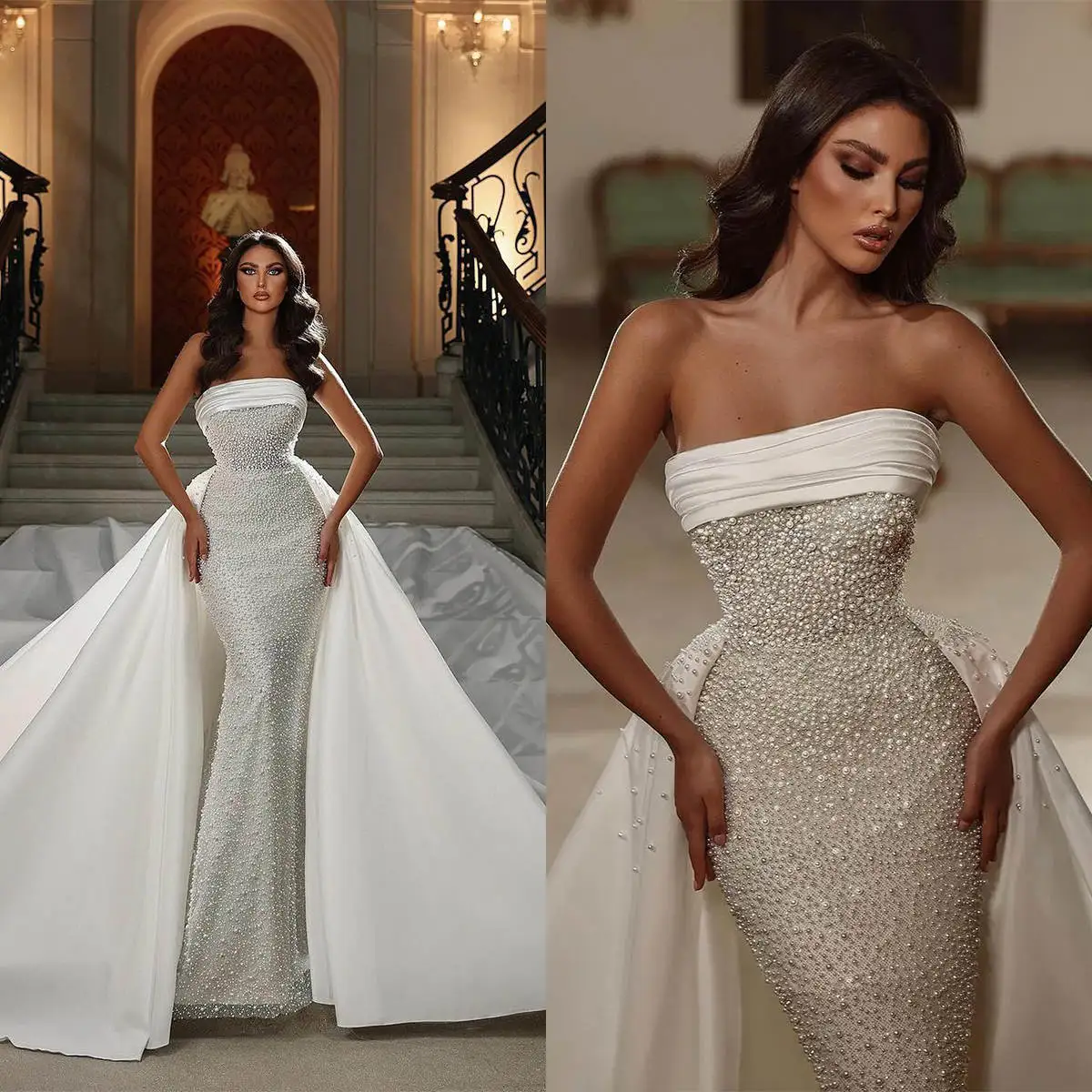 Luxury Wedding Dress Mermaid Strapless Pearls Detachable Train Sleeveless Floor Length Bride Vestido De Noiva Custom Made