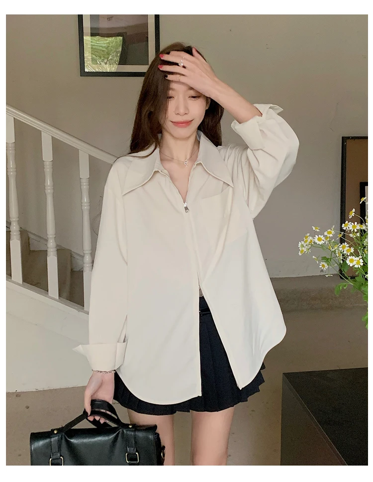 plus size New real shot big size women\'s shirt French zipper white long-sleeved shirt female coat design temperament shirt