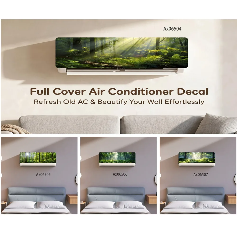Wall‑Mounted Air Conditioner Vinyl Skin Sticker, Misty Green Forest Landscape Pattern Self‑Adhesive Decal Home Decoration