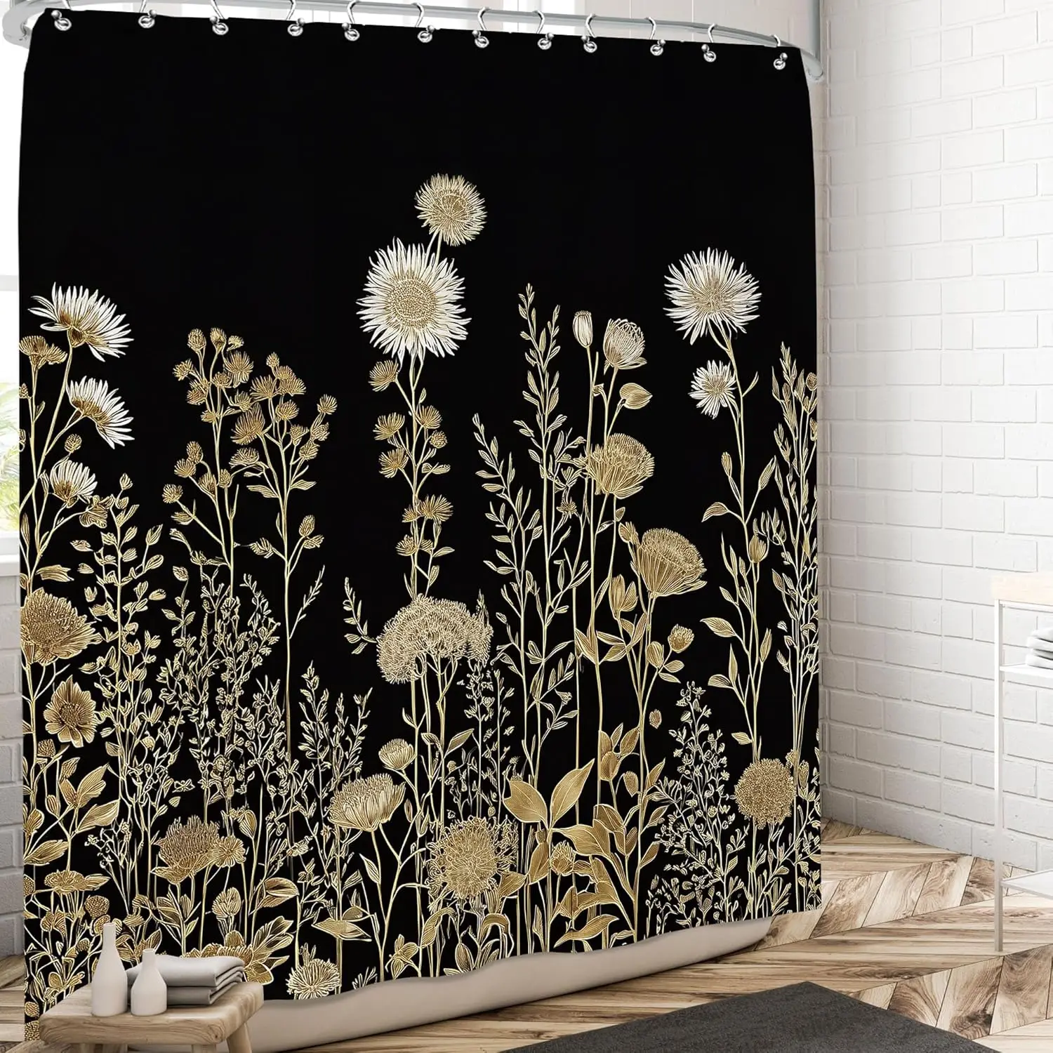 

Black and Gold Floral Shower Curtain Dark Golden Flower Shower Curtains Set Botanical Wildflower Bath Curtain Modern Art Plant A