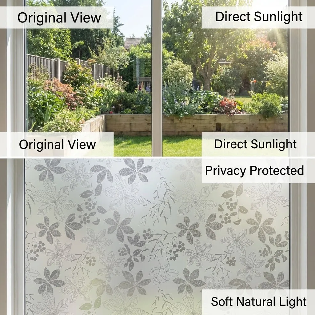 Self‑Adhesive White Leaf Floral Frosted Window Film Decorative Plant Pattern Privacy Glass Sticker Anti‑Peep Window Decal