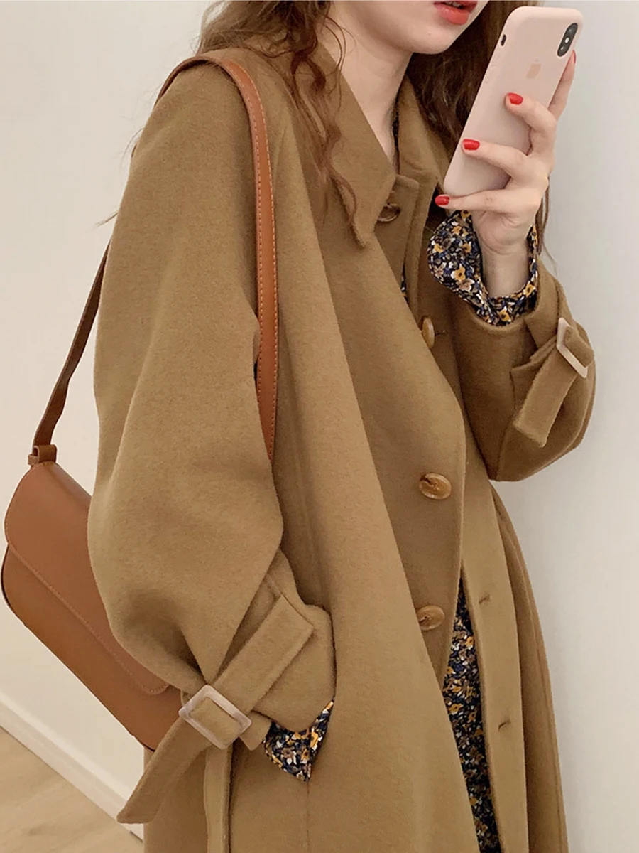 

Khaki Double-Sided Camere Coat Women's 2025 Autumn Winter New Hepburn Sle Midi Woolen Coat ort Women's Outerwear