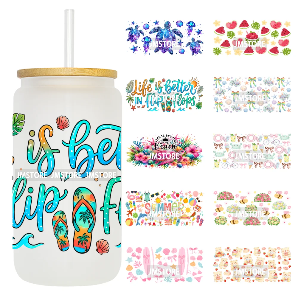 Watercolor Sea Turtle Summer Faux Rhinestone UV DTF Cup Wrap Durable Ready To Apply Transfer Stickers For 16OZ Libbey Glass Can