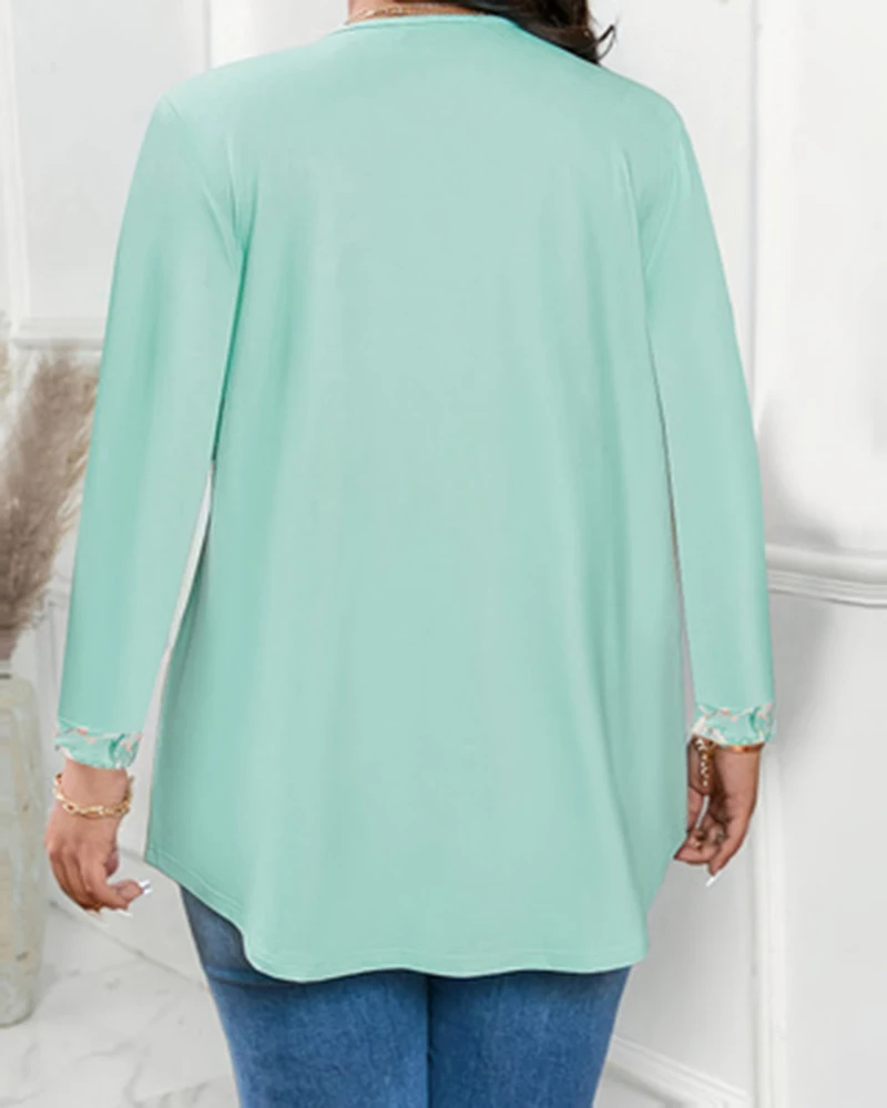 Plus Size 2 in1 T-Shirt z kwiatowym nadrukiem, elegancki top z długim rękawem i dekoltem w serduszko, idealny na wiosnę i jesień, damski Plus Si