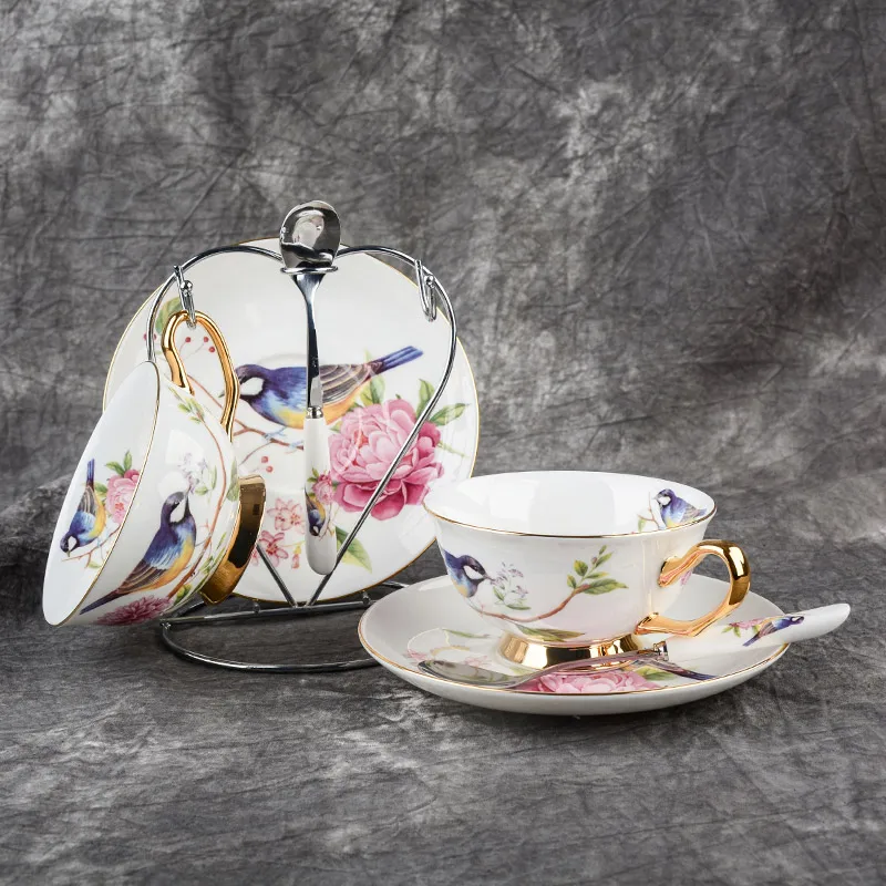 

Pastoral Flower Bird Bone China Tea Cup Saucer Spoon Set 200ml British Cafe Porcelain Coffee Cup Advanced Ceramic Teacup