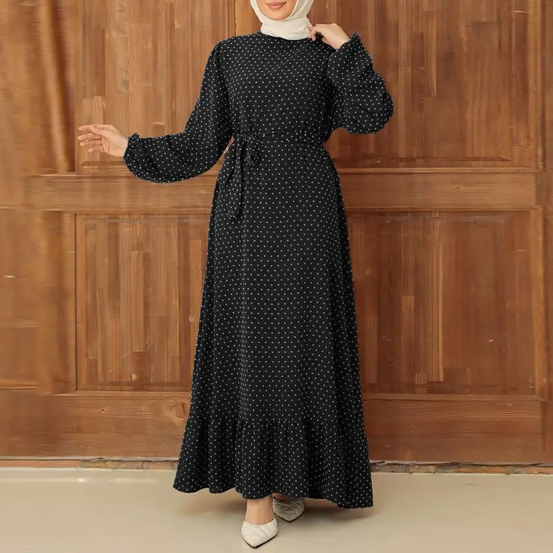 Muslim Abaya for Women Dress Polka Dots Printed Long Robe Arab Jalabiya Eid Ramadan Morocco Dubai Abayas Kaftan Islam Vestidos