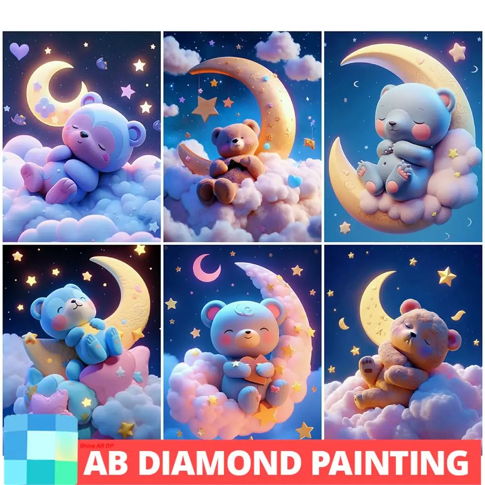 ภาพวาดเพชรรูปสัตว์ปักลายการ์ตูนหมีทำด้วยมืองานปักพลอยเทียมรูปดวงจันทร์ทรงสี่เหลี่ยมทรงกลม AB