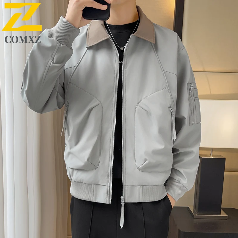 

COMXZ Мужская куртка для отдыха с отложным воротником, ветрозащитное пальто для путешествий, удобная уличная одежда, легкая осенняя мужская одежда