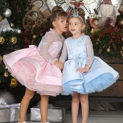 Jill Wish J048 Elegant Pink Long Sleeve Flower Girl Dress Knee Length Arabic Princess Baby Wedding Birthday Party Ball Gown